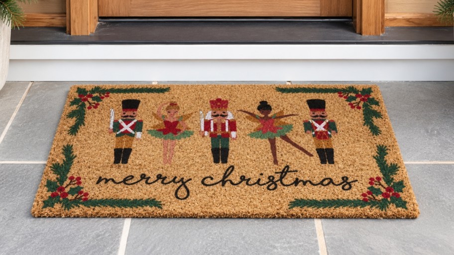 nutcracker motif doormat in front of a door