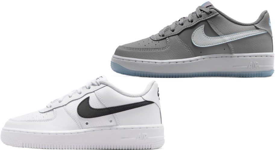 Nike Air Force 1 sneakers including a gray pair with a light blue and silver swoosh, and a white pair featuring a black swoosh.