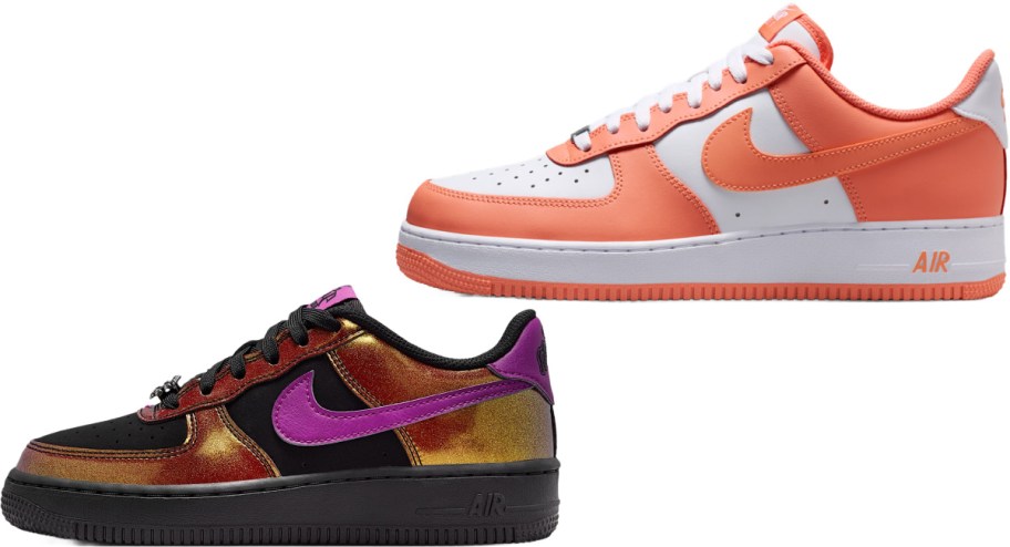 Nike Air Force 1 sneakers including an orange-and-white pair with an orange swoosh and sole, and a black pair featuring iridescent metallic panels and a purple swoosh.