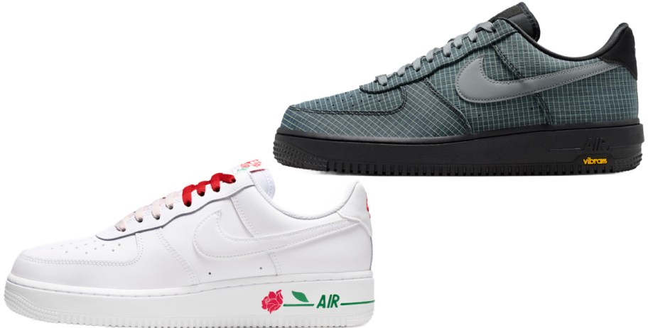 Nike Air Force 1 sneakers including a white pair with red laces, a green rose graphic, and green "AIR" branding, alongside a black grid-patterned pair with a dark gray swoosh and black sole.