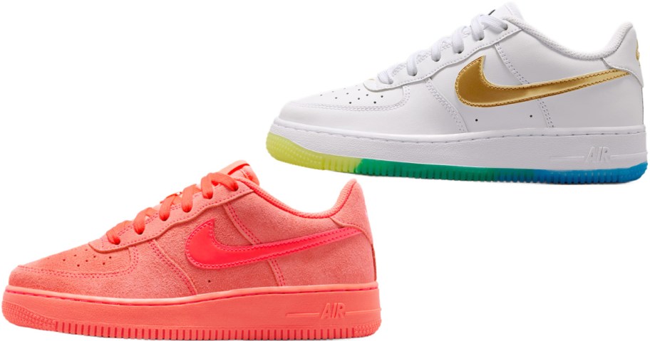 Nike Air Force 1 sneakers including a white pair with a gold swoosh and multicolored sole, and a vibrant pink suede pair with a matching pink swoosh and sole.
