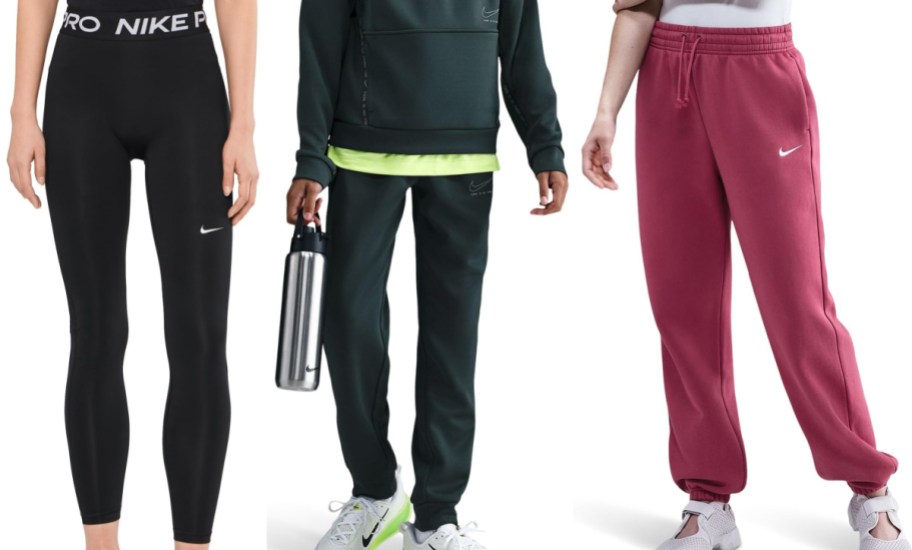 Three models showcasing Nike athletic wear side by side, featuring black Nike Pro leggings on the left, a dark green hoodie and matching sweatpants holding a water bottle in the center, and pink fleece sweatpants on the right.
