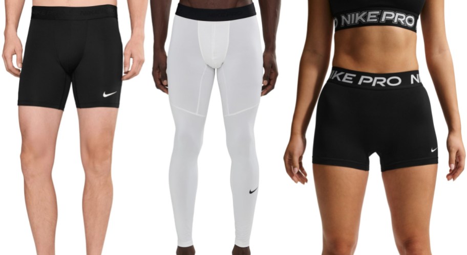 Three models showcasing Nike Pro athletic wear side by side, featuring black compression shorts on the left, white compression tights in the center, and a matching sports bra and shorts set on the right.