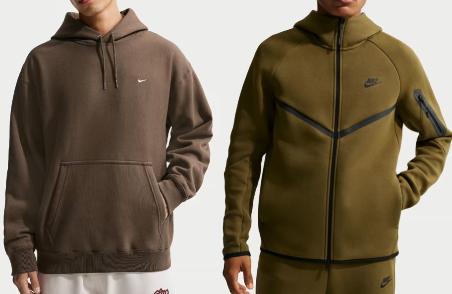 men wearing brown and green hoodies