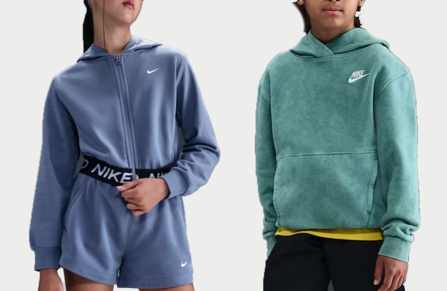kids wearing blue and green hoodies