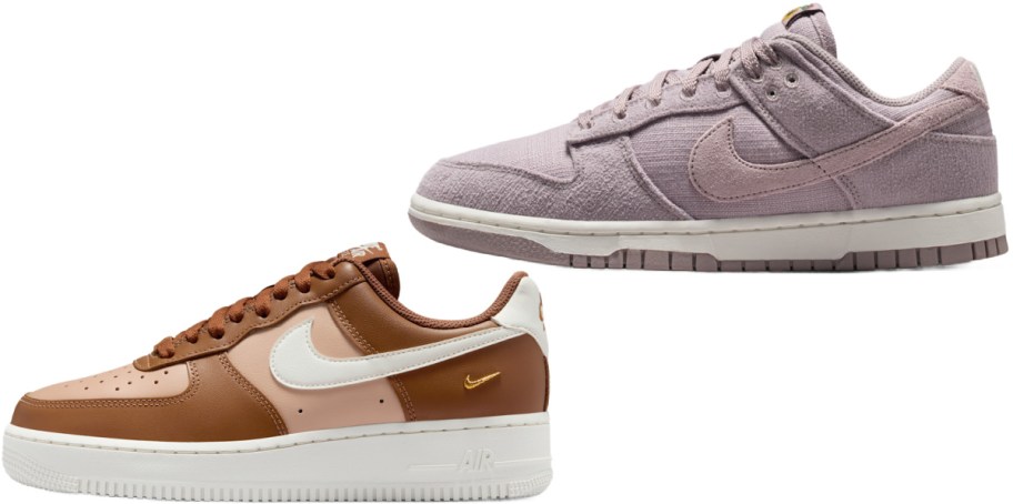 Two pairs of Nike sneakers shown side by side, featuring a brown and pink sneaker with a white swoosh on the bottom left and a textured light purple sneaker on the top right.