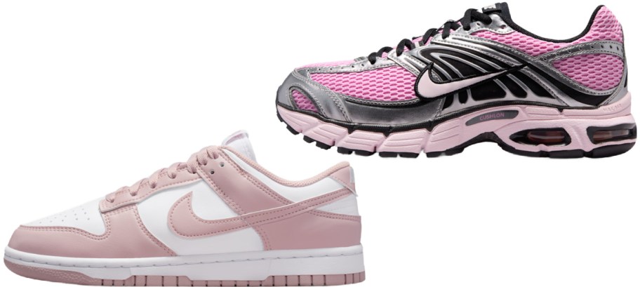 Two pairs of Nike sneakers shown side by side, featuring a white and dusty pink sneaker on the bottom left and a bright pink mesh sneaker with silver and black overlays on the top right.