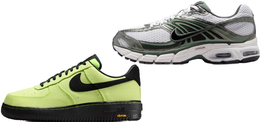 Two pairs of Nike sneakers shown side by side, featuring a bright yellow-green sneaker with a black swoosh and black sole on the bottom left and a white mesh sneaker with metallic green and black overlays on the top right.