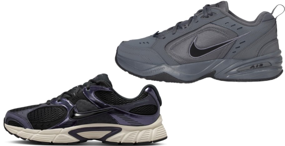 Two Nike sneakers displayed side by side, featuring a dark gray sneaker at the top right and a black and metallic purple sneaker with a cream-colored sole at the bottom left.