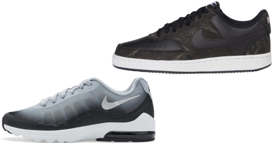 Two Nike sneakers displayed side by side, featuring a black sneaker with a white sole at the top right and a gray and black ombre sneaker with a white midsole at the bottom left.