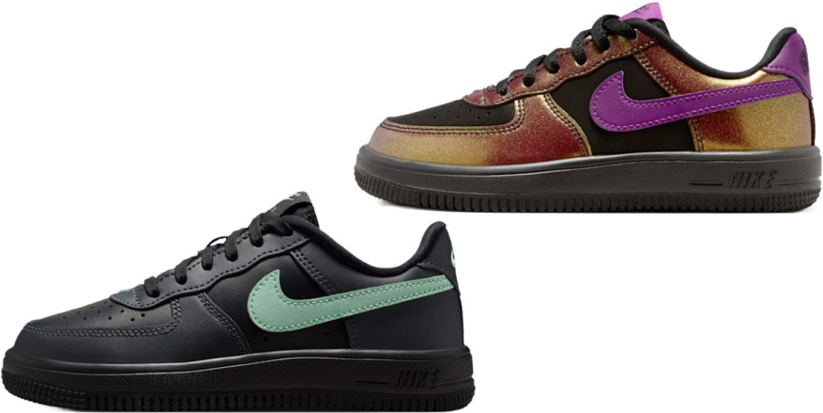 Two pairs of Nike sneakers shown side by side, featuring a black sneaker with a mint green swoosh on the bottom left and a black sneaker with a shimmering multicolor bronze and purple finish and a purple swoosh on the top right.
