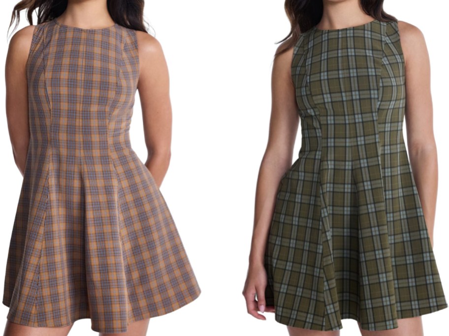 2 women wearing plaid mini dresses