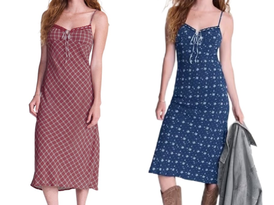 2 women wearing maxi dresses in blue and red