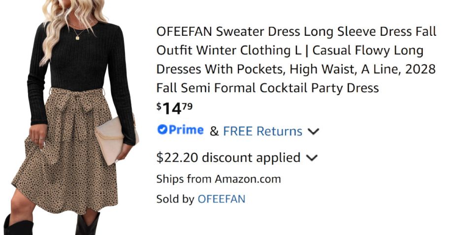 woman wearing black top and tan skirt next to Amazon pricing information