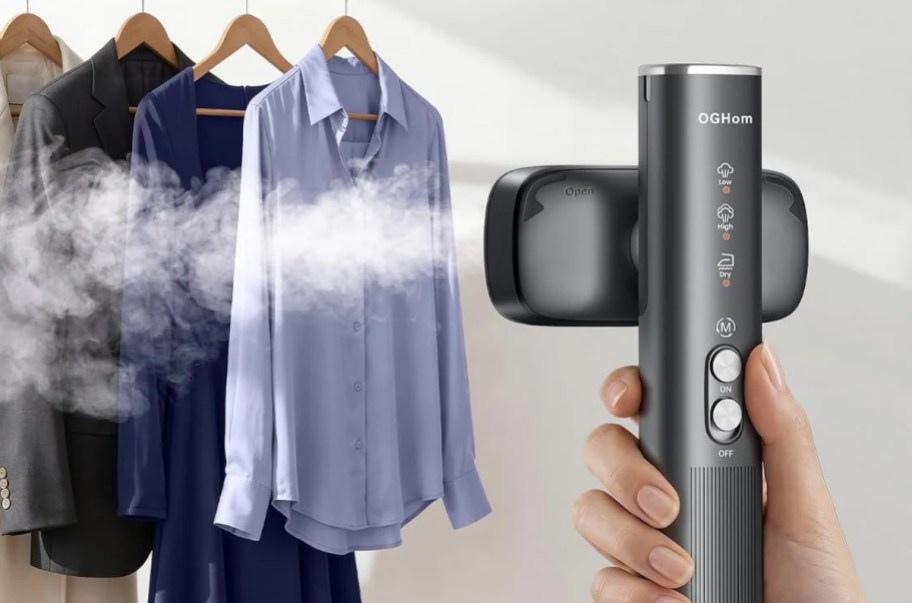 a hand holding a garment steamer