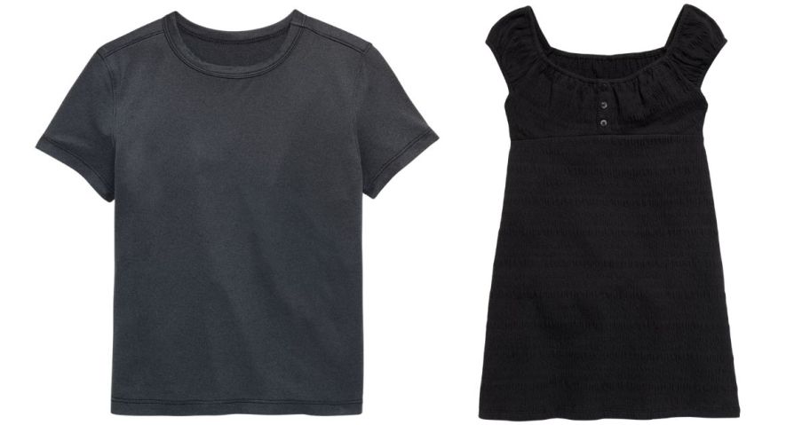 old navy grey men's activewear top and girls' black dress