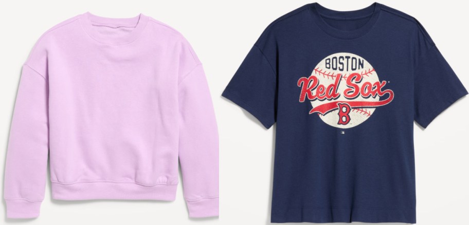 A light purple crewneck sweatshirt and a navy blue Boston Red Sox t-shirt with a vintage graphic logo.