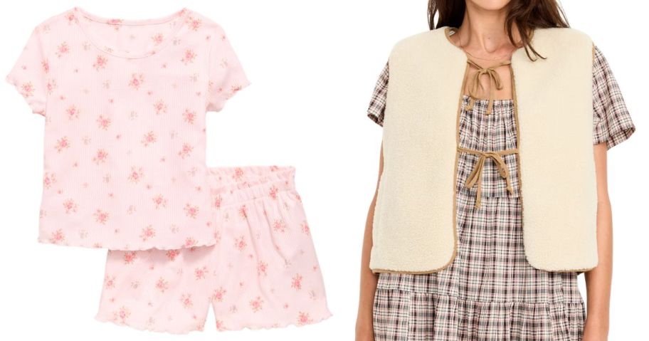 old navy kids pink pajamas and woman wearing old navy cream colored vest