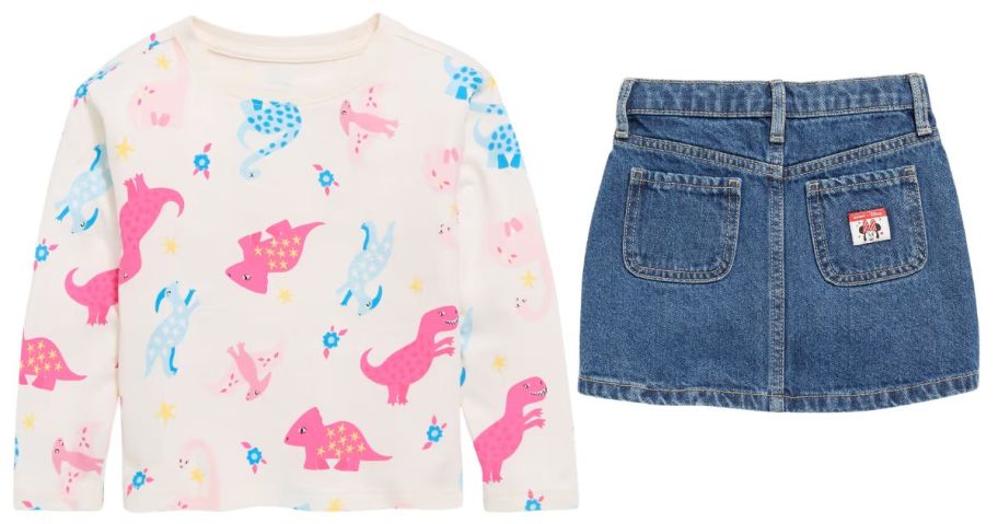 old navy graphic kids top and jean skirt