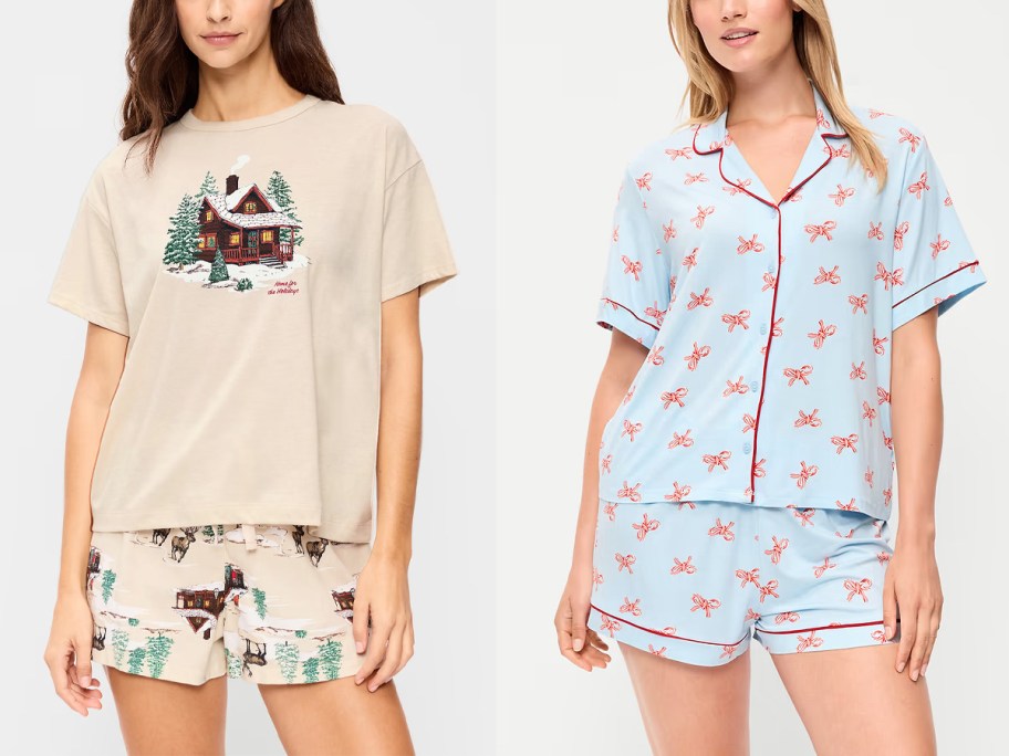 women wearing tan and blue pajamas 