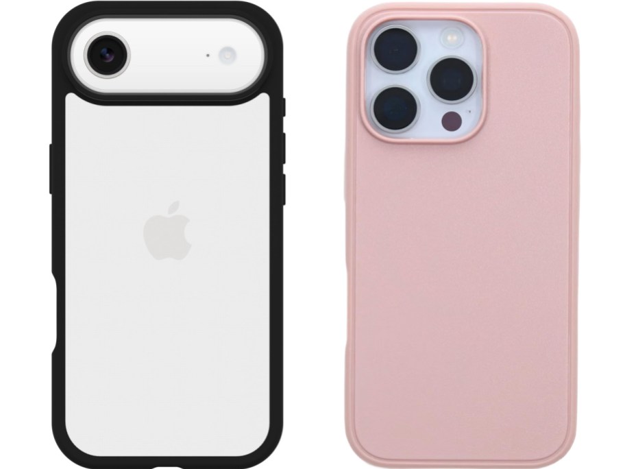 Two iPhone cases shown side by side, featuring a white case with a thick black bumper frame on the left and a solid pink case on the right.