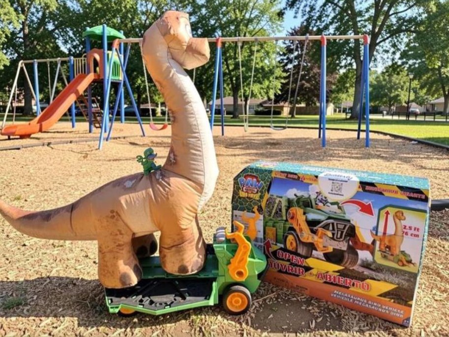 dinosaur blow up in back of toy truck