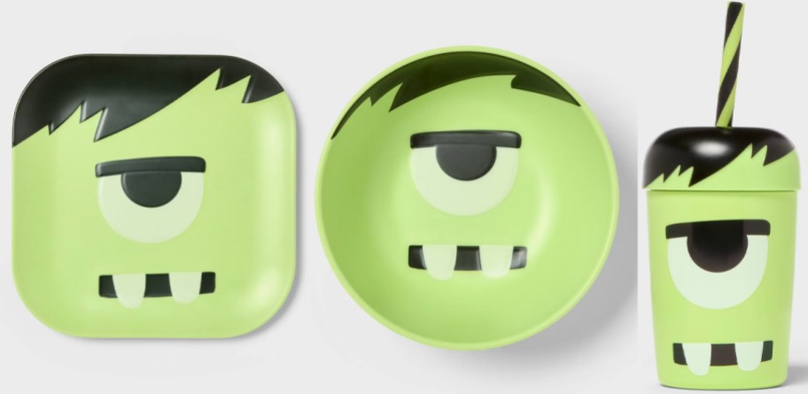 frankenstein plate, bowl, and tumbler