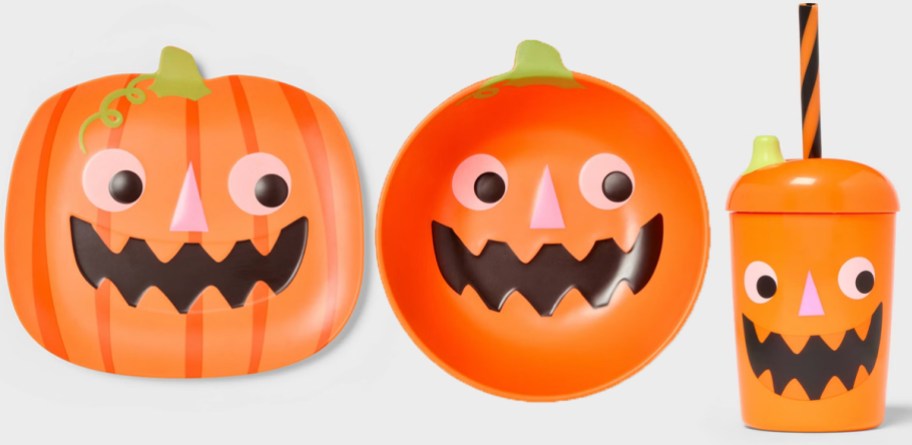 pumpkin plate, bowl, and tumbler