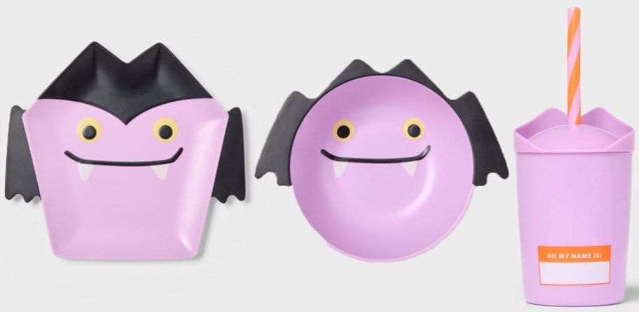 purple vampire plate, bowl, and tumbler