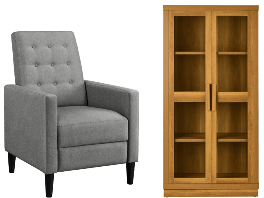 gray recliner and cabinet with glass doors