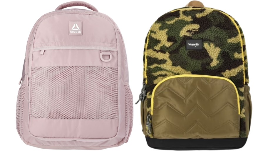 pale pink and camo sherpa backpacks