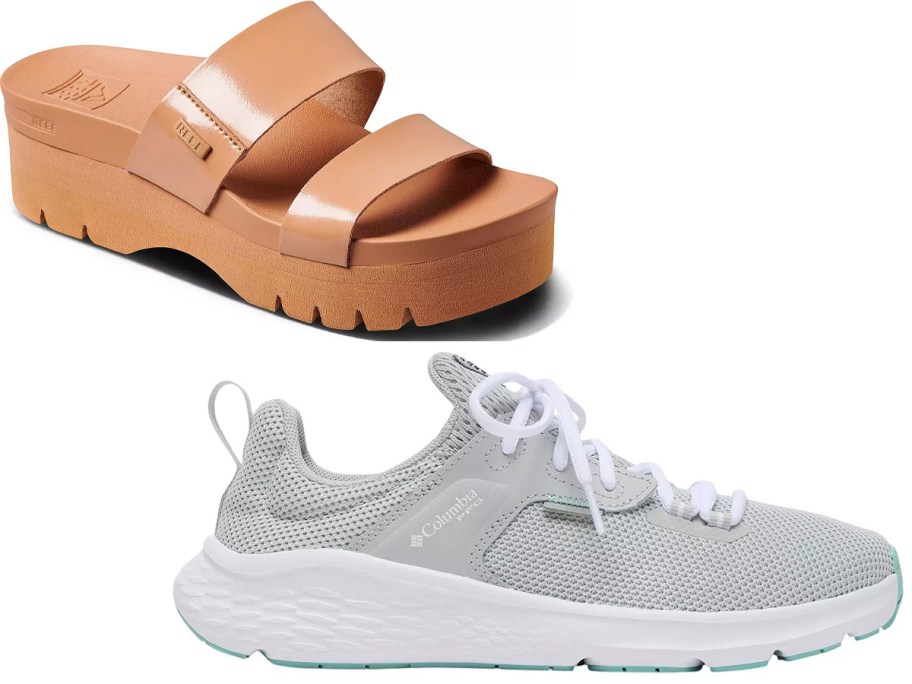 brown sandals and gray shoe