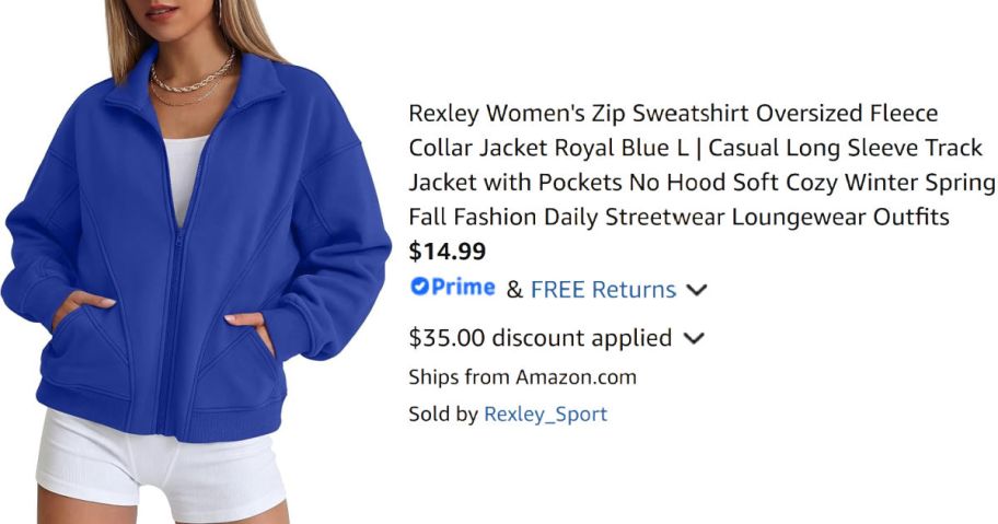 woman wearing blue jacket next to Amazon pricing information