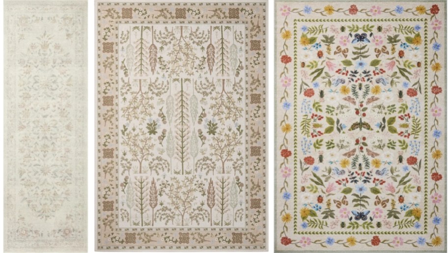 a runner and 2 large area rugs in muted colors and floral patterns