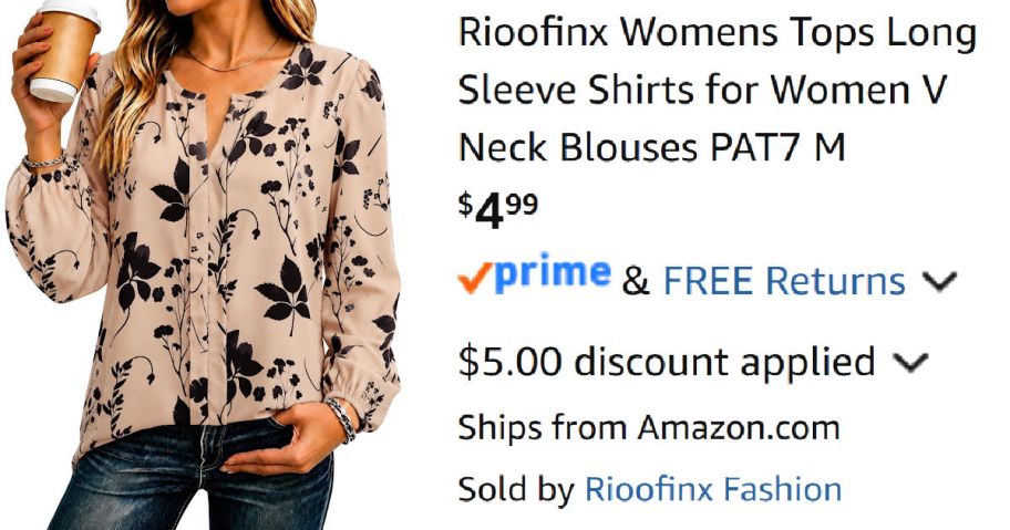woman wearing floral shirt next to Amazon pricing information