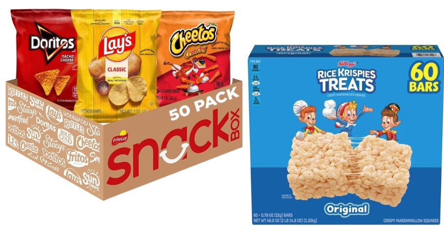 a box of Lay's chips and a box of Rice Krispie Treats