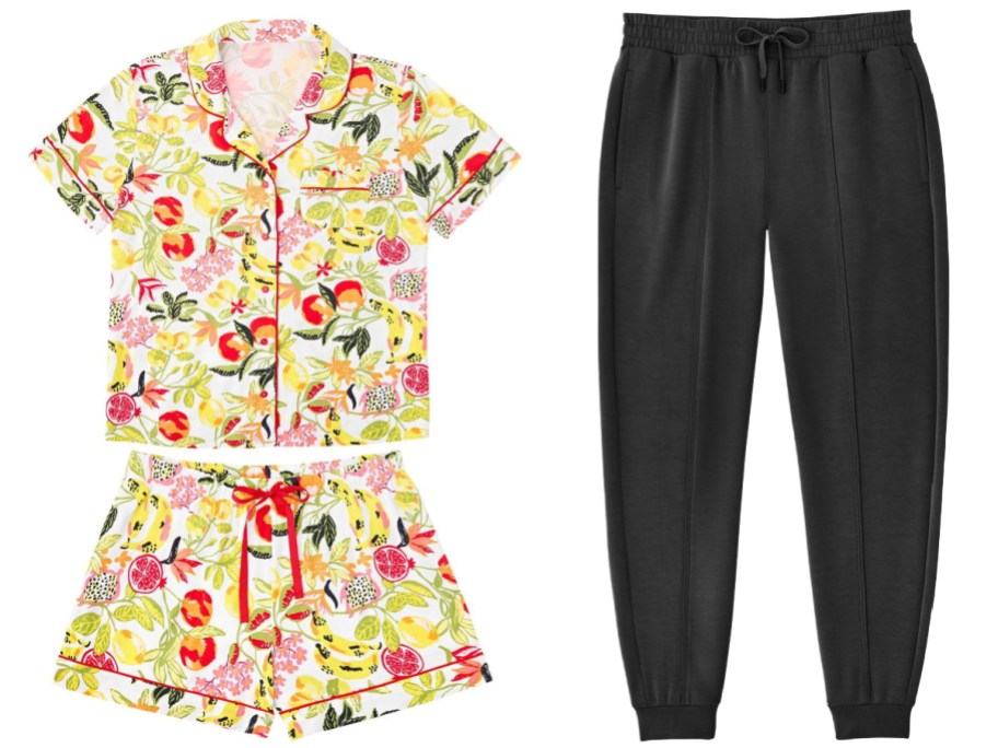 Two styles of apparel featuring a fruit-patterned short-sleeve button-down pajama set with matching shorts alongside dark gray drawstring sweatpants.