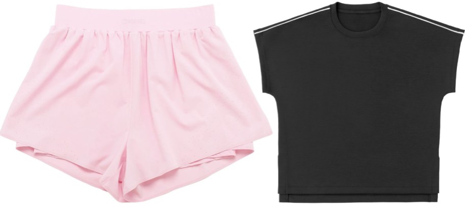 Two styles of athletic apparel featuring light pink running shorts alongside a black short-sleeve shirt with white shoulder piping.
