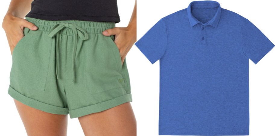 Two styles of apparel featuring sage green drawstring shorts with pockets alongside a blue short-sleeve polo shirt.
