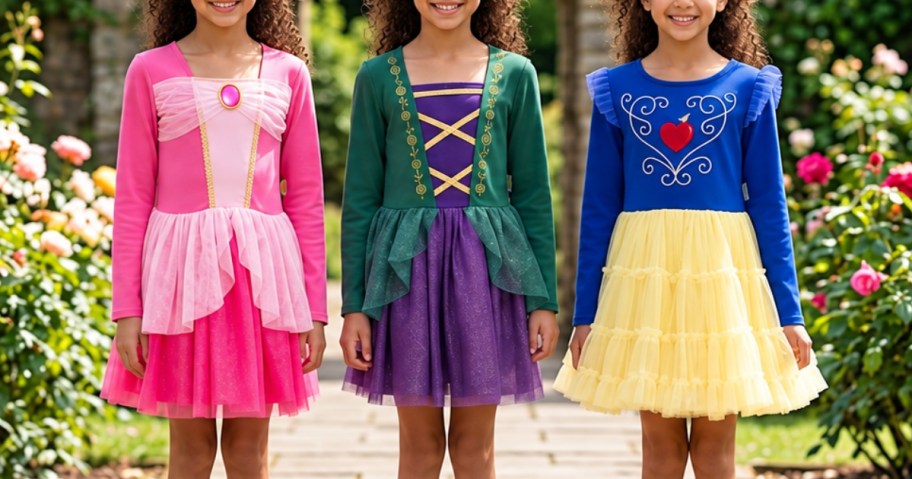 3 girls wearing Disney Princess tutu dresses