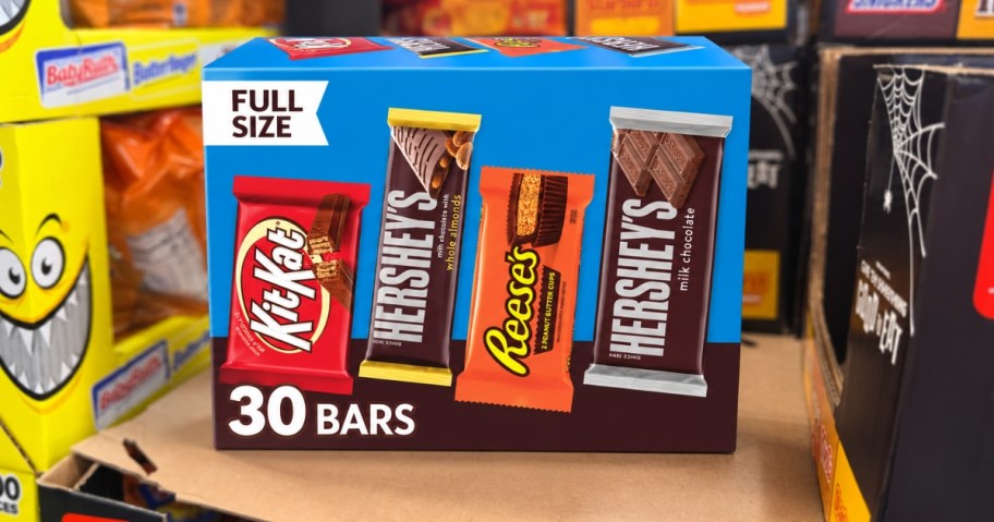 a box of Hershey's candy bars on display at Sam's Club