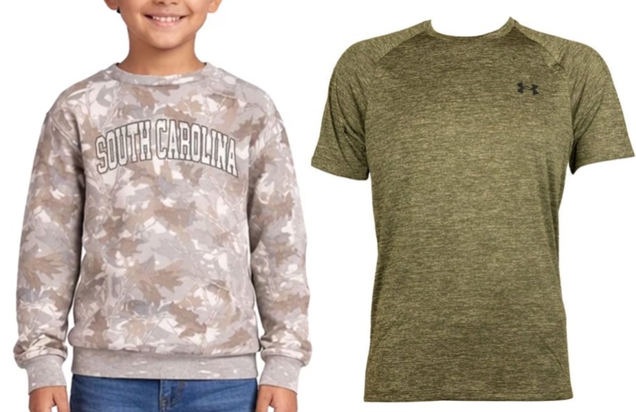 boy wearing camo sweatshirt and green tee