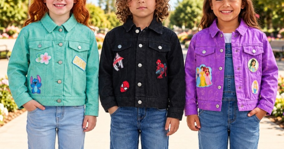 toddler girls and boy wearing character denim jackets