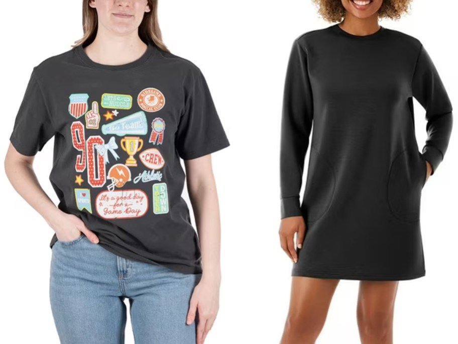 women wearing black graphic tee and dress