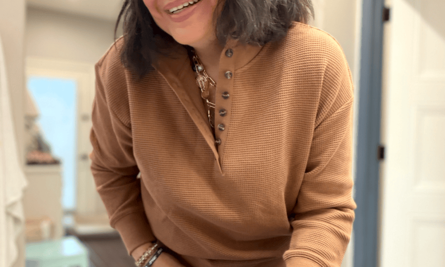 Lina wearing Scenario Button Waffle Top