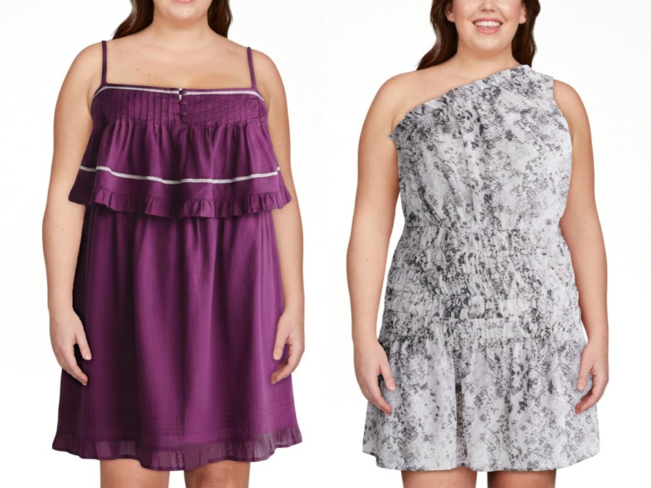women wearing purple and gray dresses 