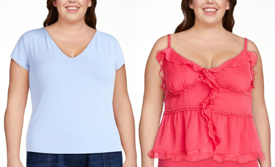 women wearing blue and pink tees 