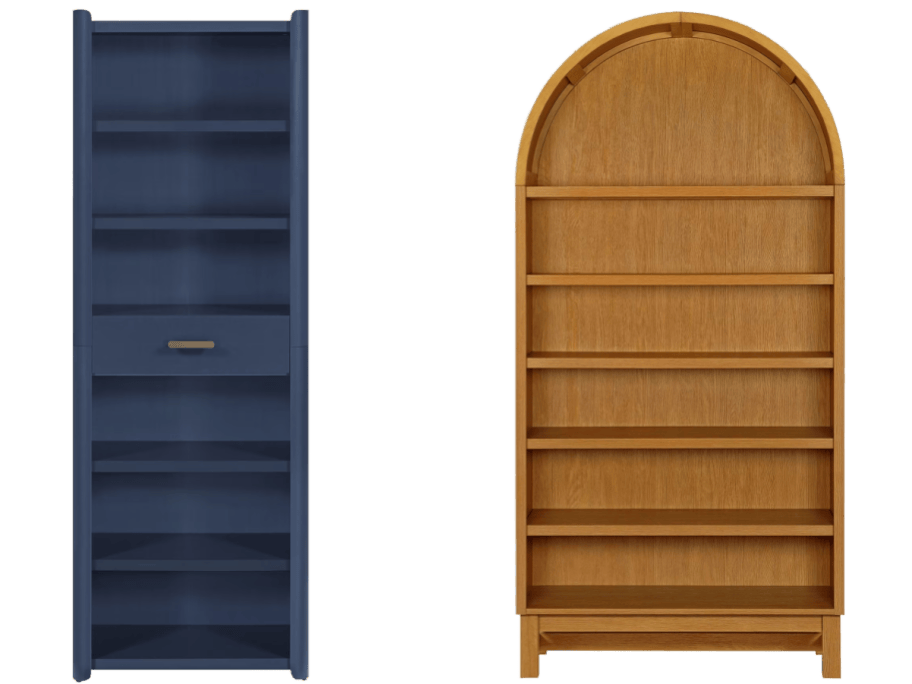 blue shelves and brown arched shelves