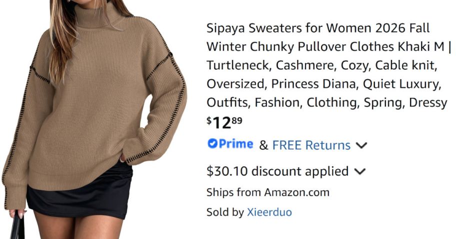 woman wearing tan sweater next to Amazon pricing information