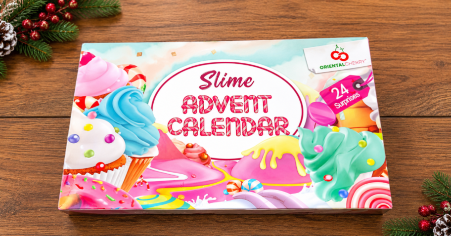slime advent calendar on a wooden surface